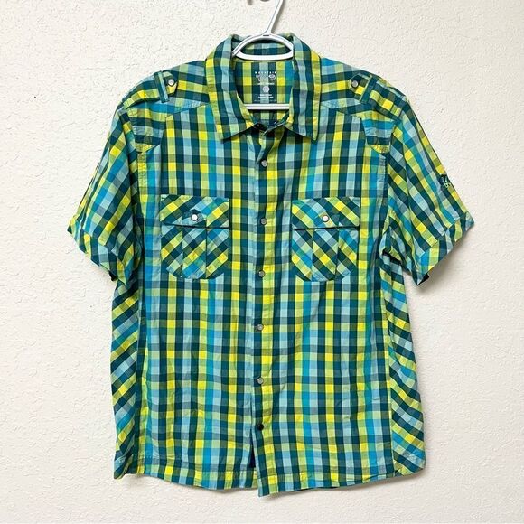 Mountain Hardwear Mens Blue Yellow Plaid Snap Button Up Short Sleeve Shirt Sz L - Picture 1 of 8